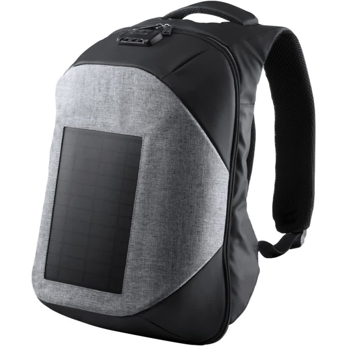 A stylish grey and black Koneit backpack features a solar panel on the front and a sleek design. It has a logo.