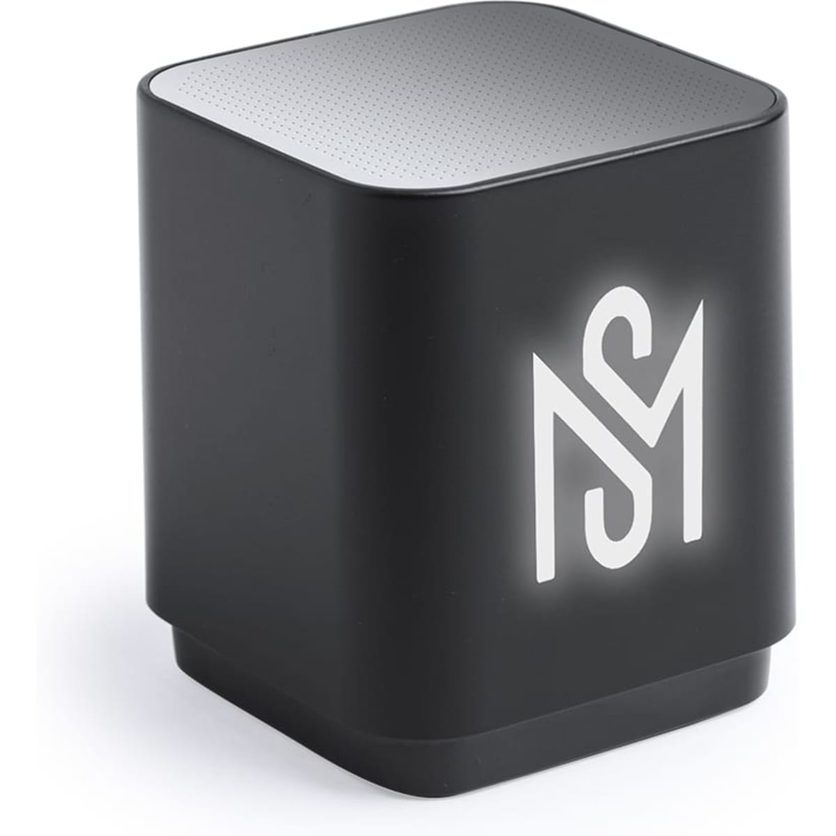 A compact black speaker with a silver top and a logo on the front, featuring a sleek, modern design.