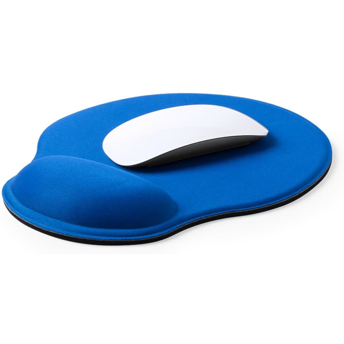 A blue ergonomic mouse pad with a white mouse resting on it, featuring a wrist support on one side.