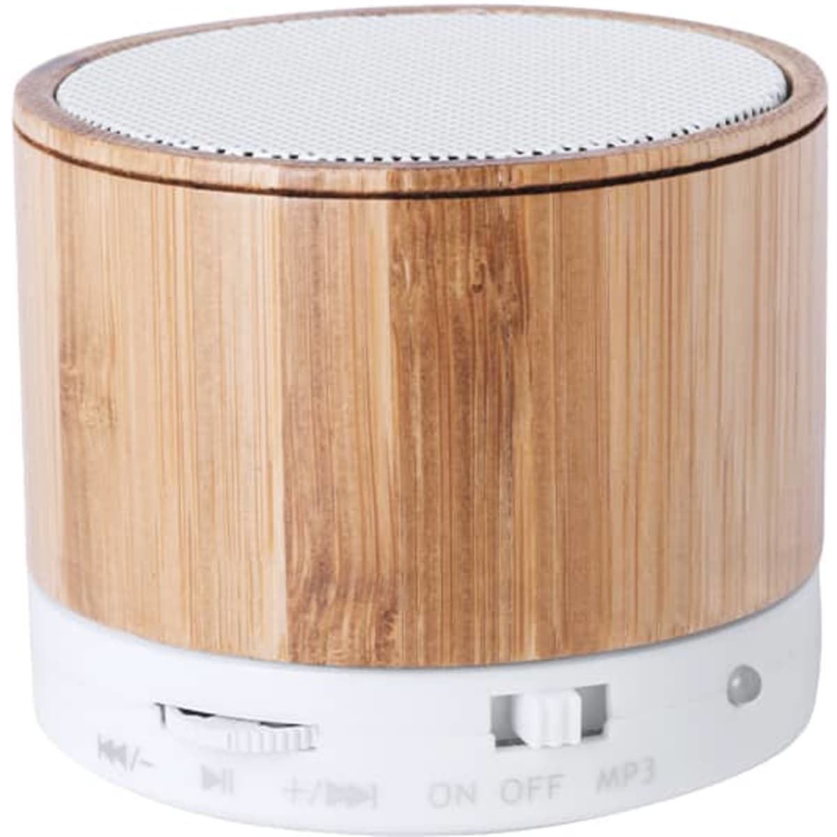 A bamboo Bluetooth speaker with a round design and control buttons at the base. It features a metallic mesh top.