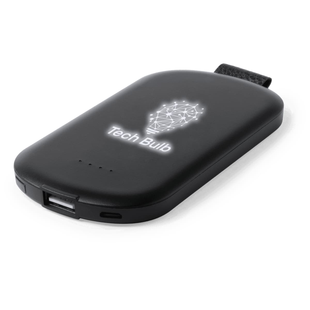 A black power bank with a light bulb design and a USB port for charging devices.