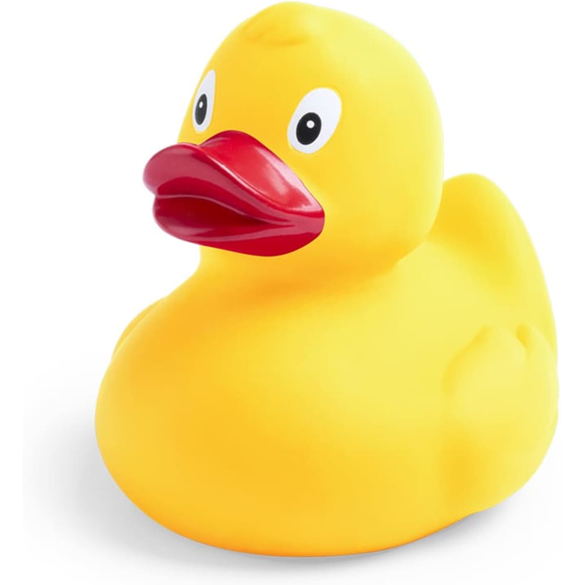 A yellow rubber duck with a red beak and large eyes, featuring a round, soft body. The image includes a logo.
