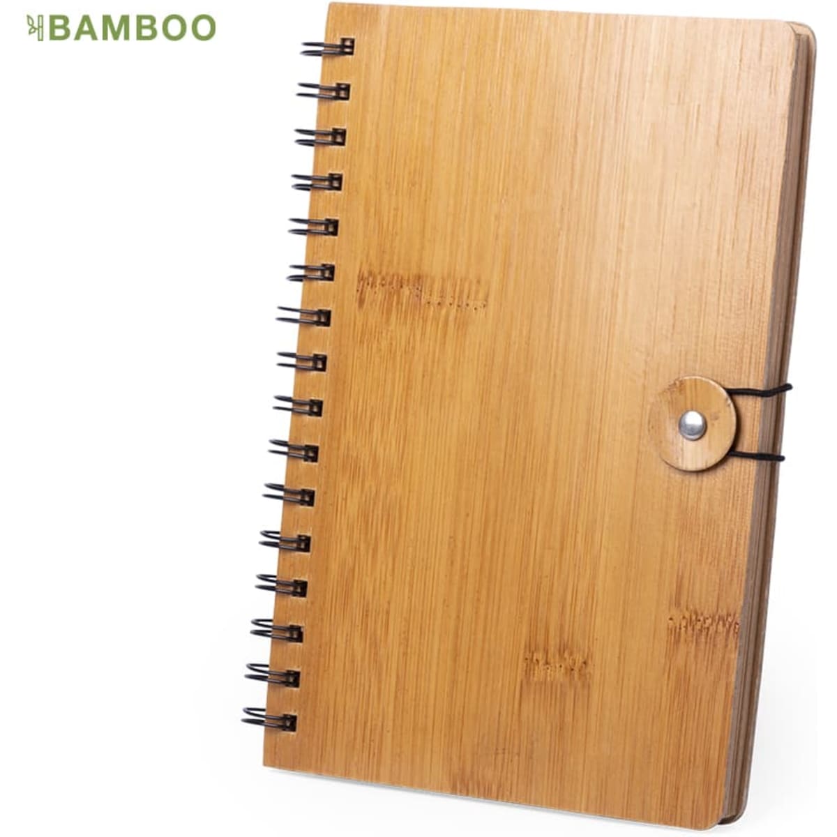 A bamboo notebook with a spiral binding and a closure button, featuring a natural wood finish.
