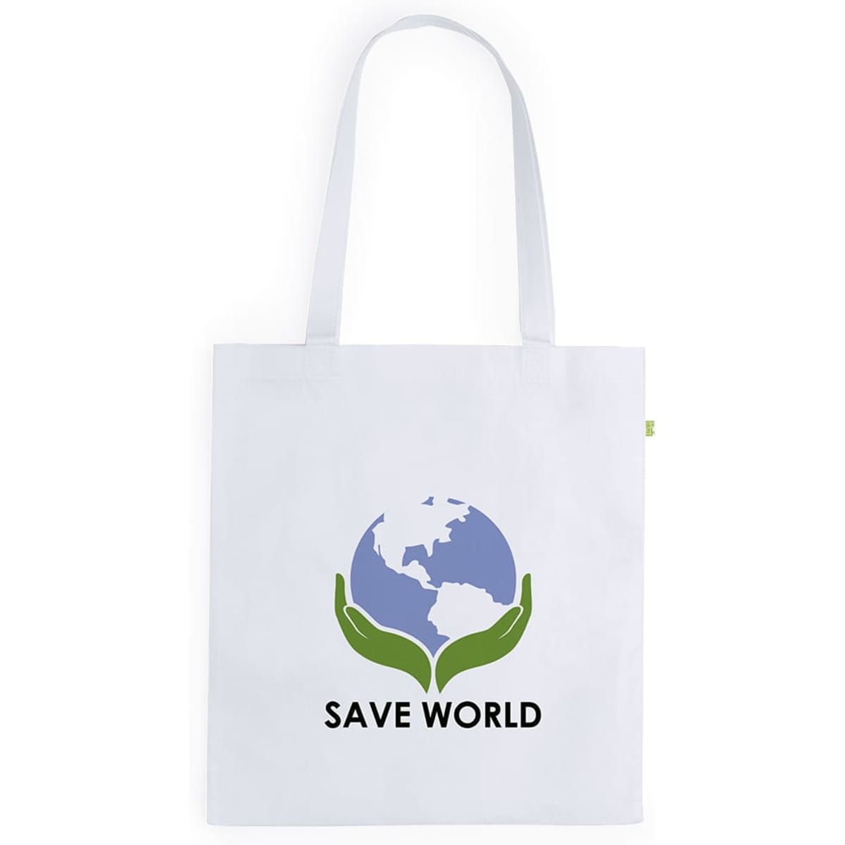 A white tote bag featuring a globe held by two hands, with green leaves and a logo.
