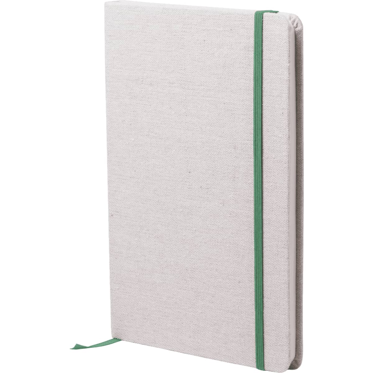A notepad with a textured beige cover and a green elastic band closure. It has a matching ribbon marker and branding.