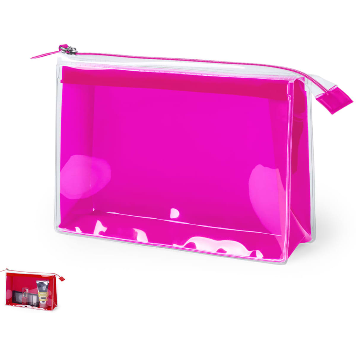 A pink transparent toiletry bag with a zip closure and a white trim, featuring a clear interior for easy visibility.