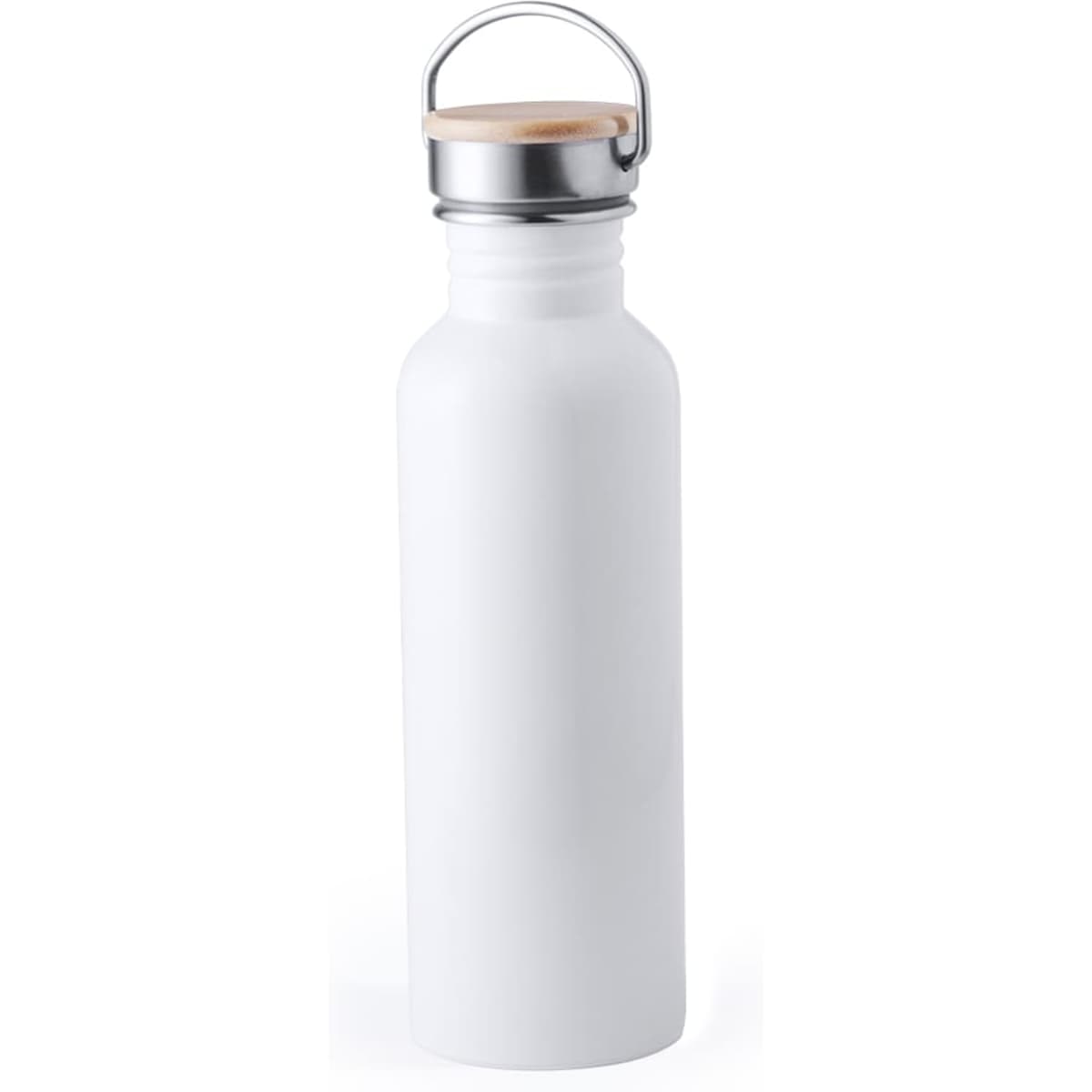 A drink bottle in white with a metal and wood top, featuring a simple design and a logo.
