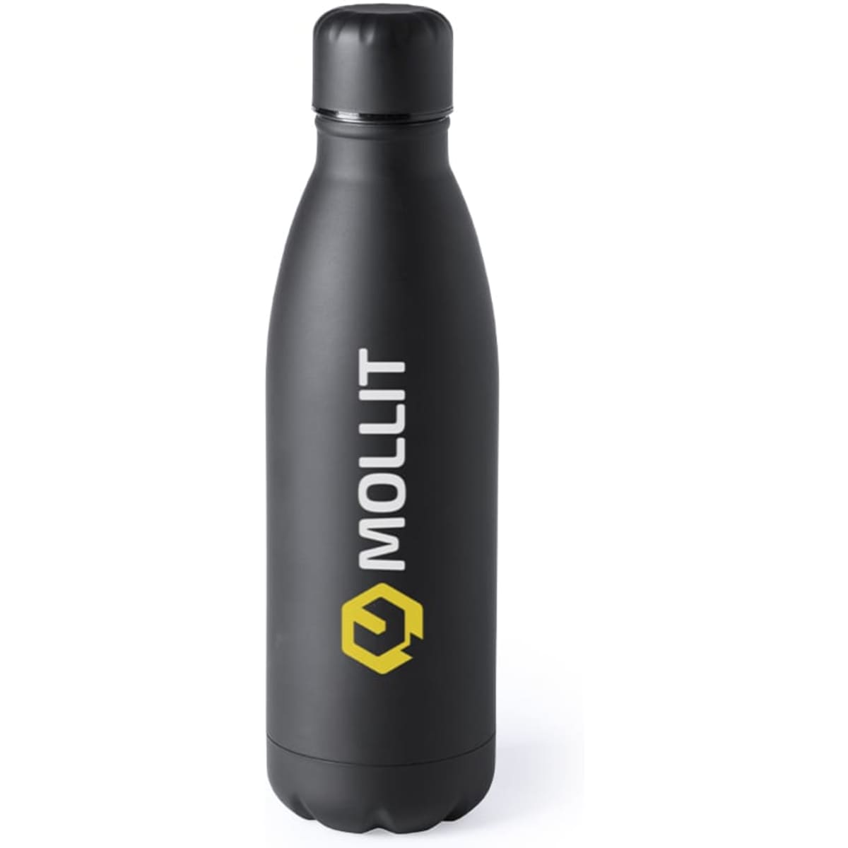 A drink bottle in matte black, featuring a logo and a sleek, modern design.