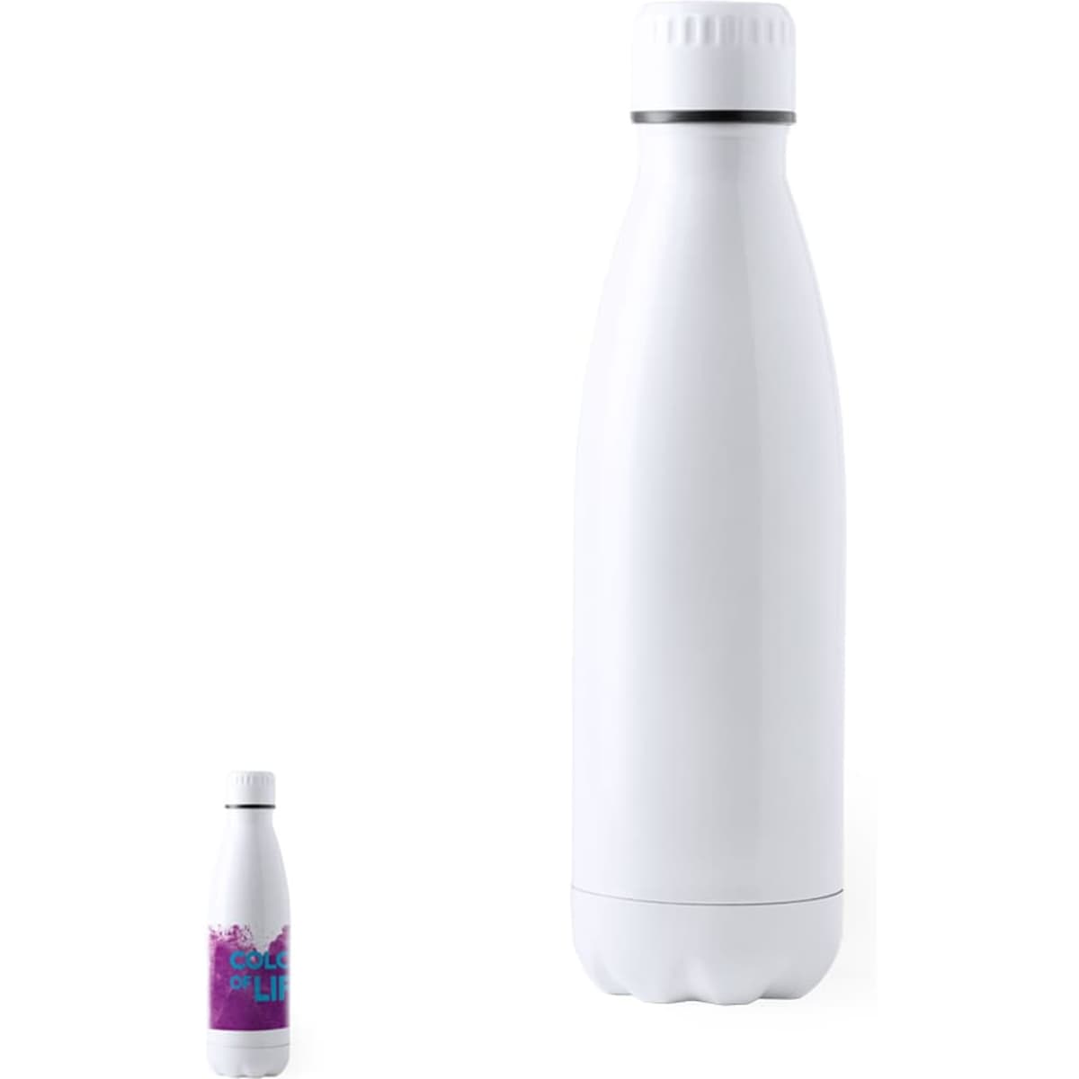A drink bottle in white, featuring a sleek design and a logo on its surface.