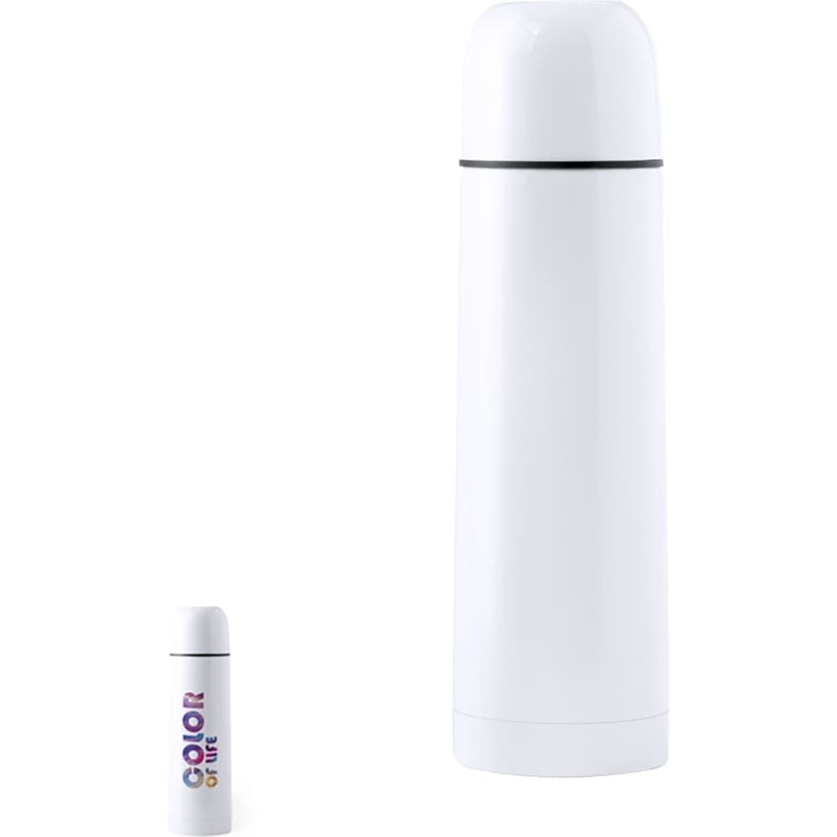 A drink bottle set featuring a large and small white vacuum flask, both with a simple design and branding.