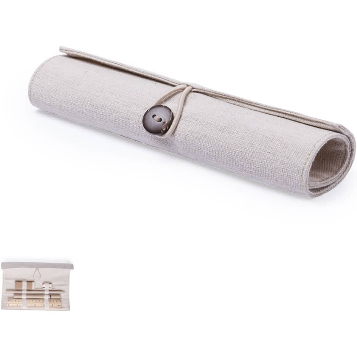 A beige pencil case rolled up with a button closure, featuring a simple and elegant design.