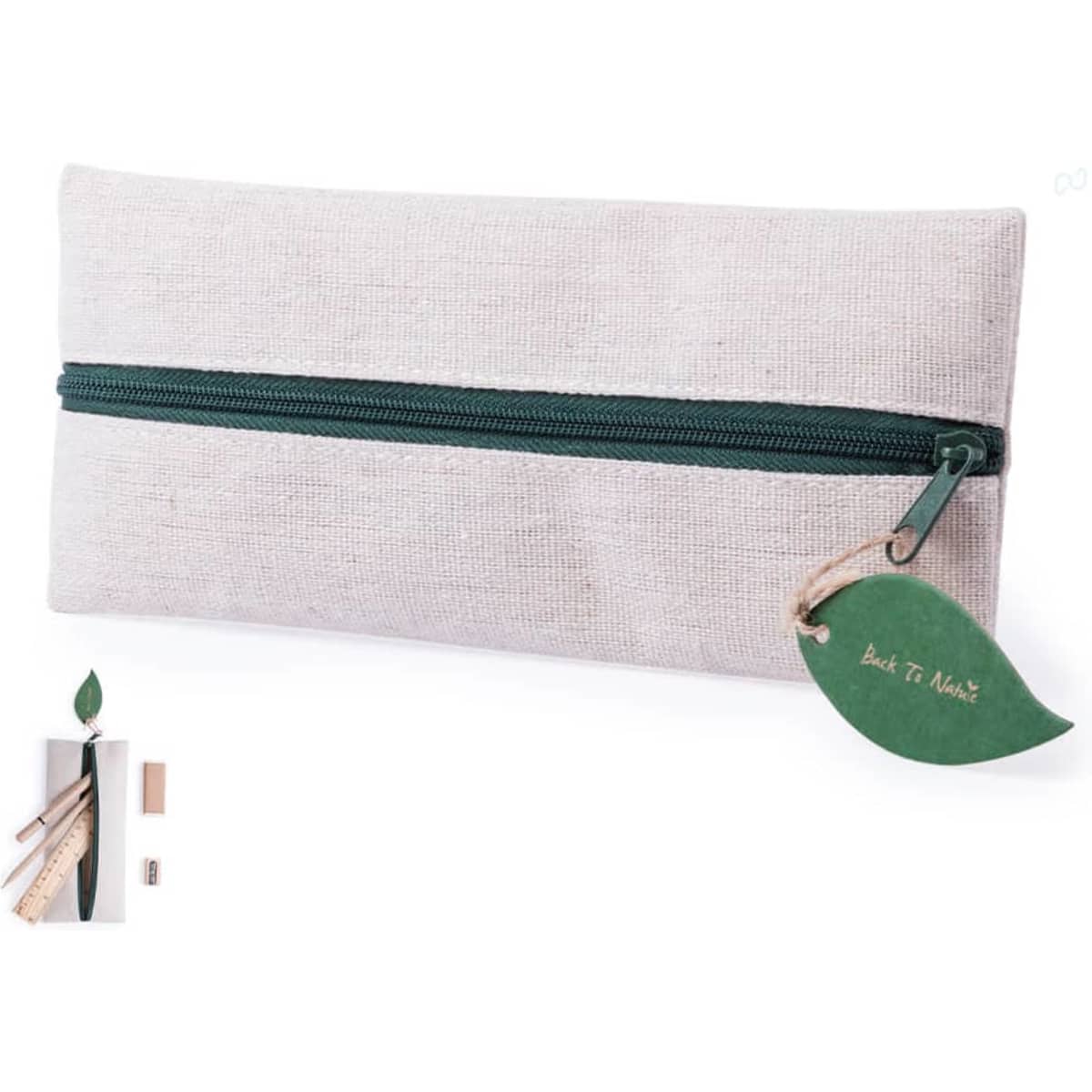 A pencil case in a light fabric with a green zip and leaf-shaped tag. Contains wooden pencils and a sharpener.