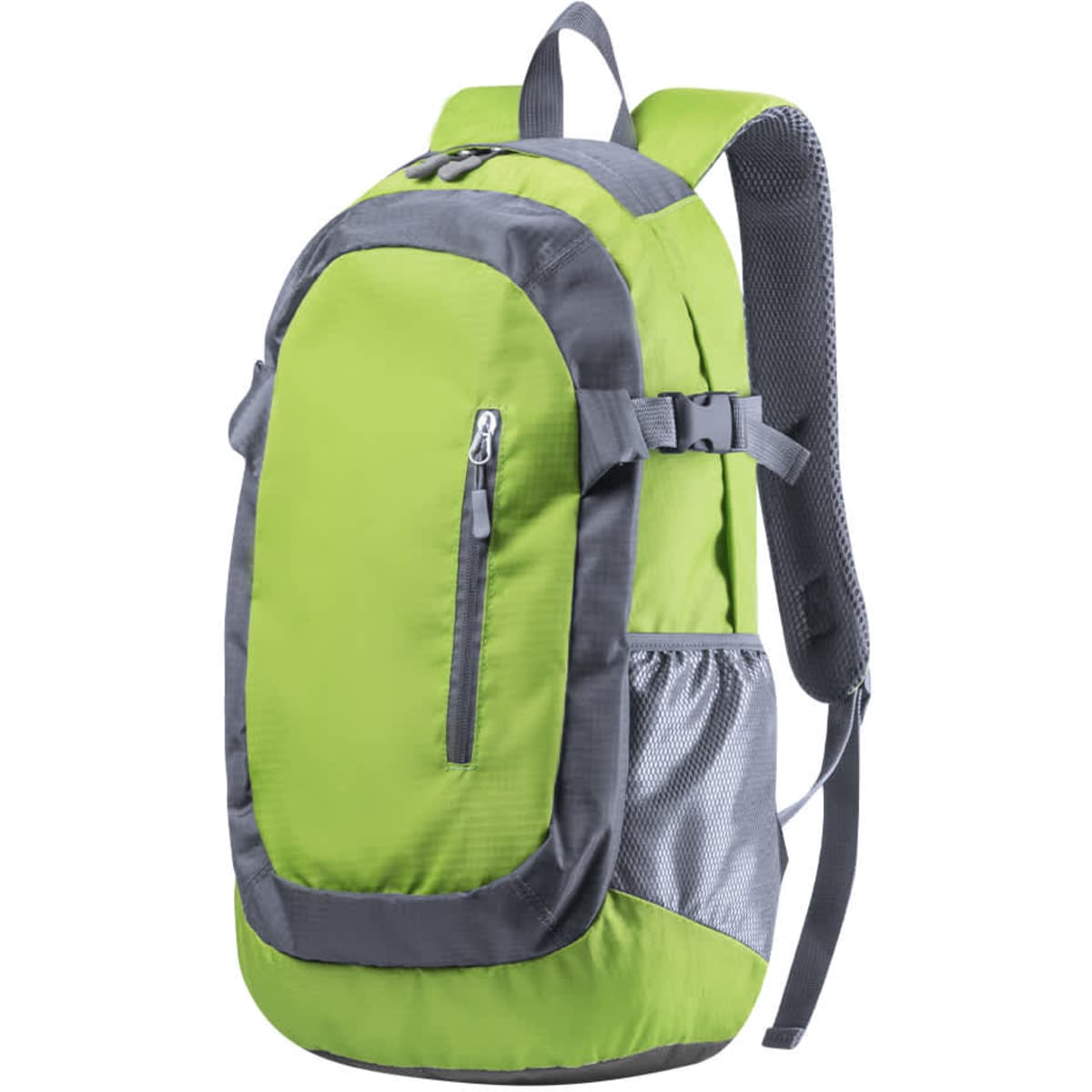 A green and grey backpack with adjustable straps, a front pocket, and a mesh side pocket. It features a logo.