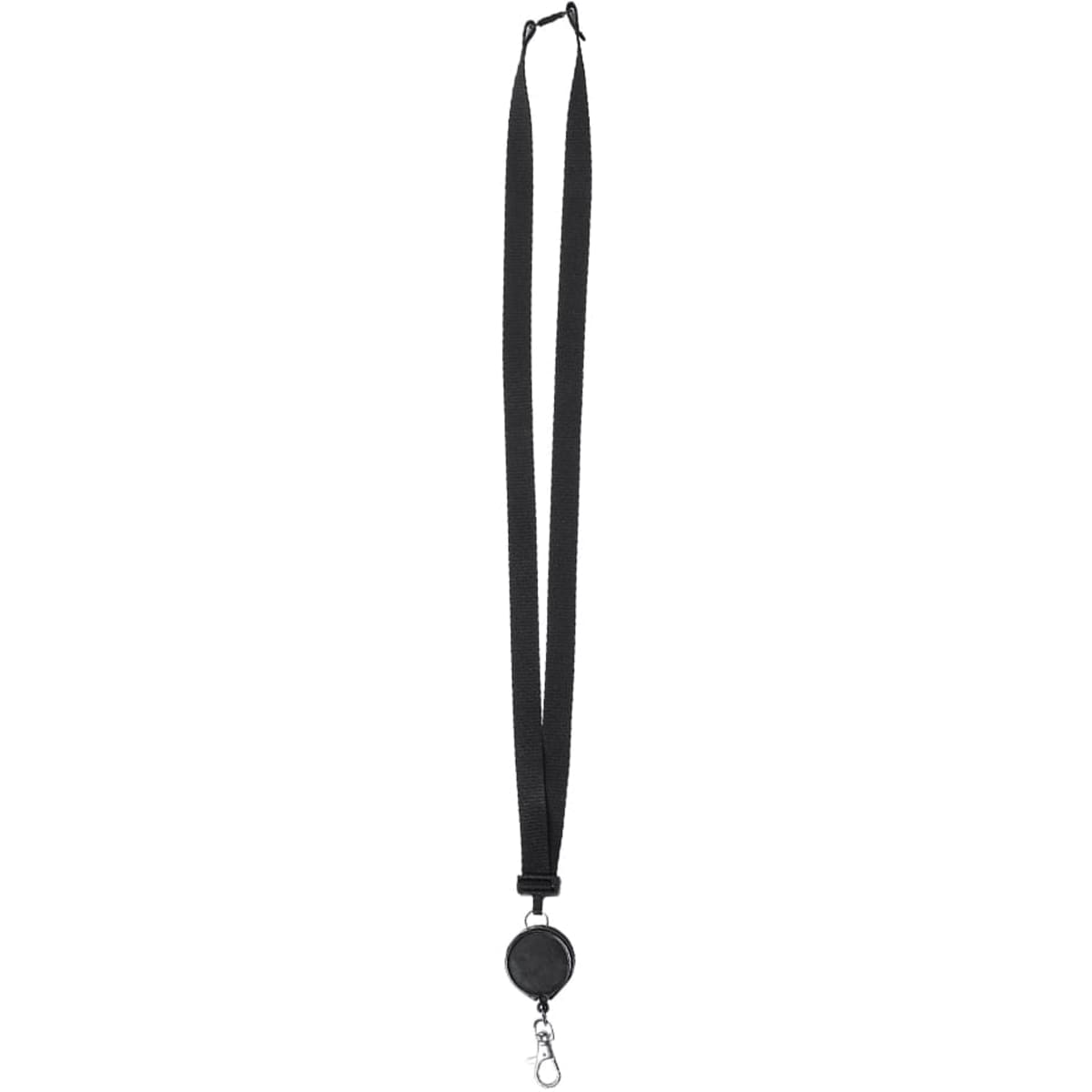 A black lanyard with a retractable badge holder and a metal clip. Ideal for holding ID cards or keys.