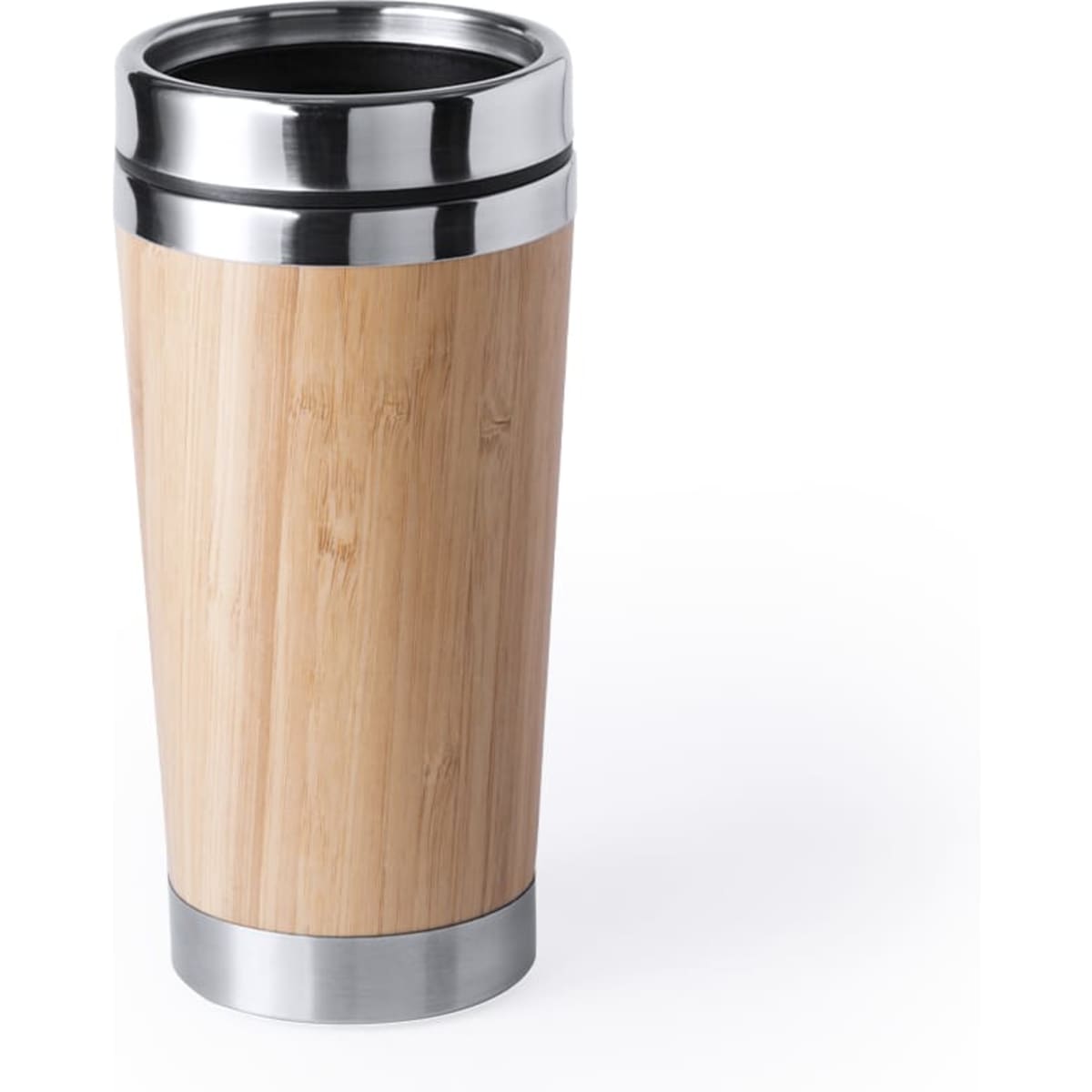 A travel mug featuring a bamboo exterior and stainless steel accents, with a sleek design and a logo.