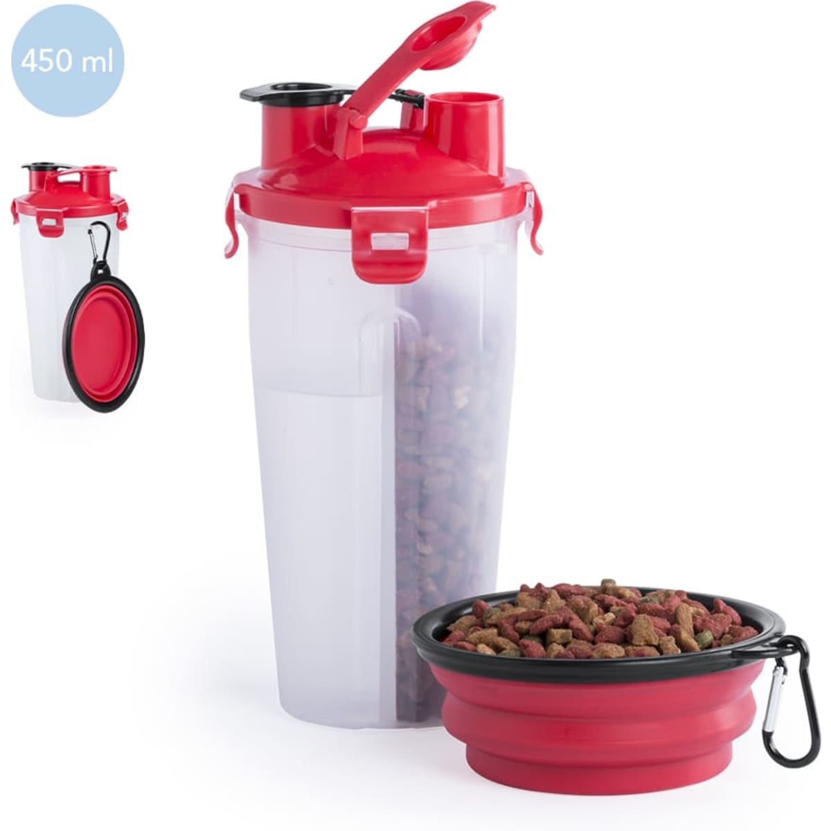A red and clear drink bottle with a bowl and clip attachment, designed for pet food storage.