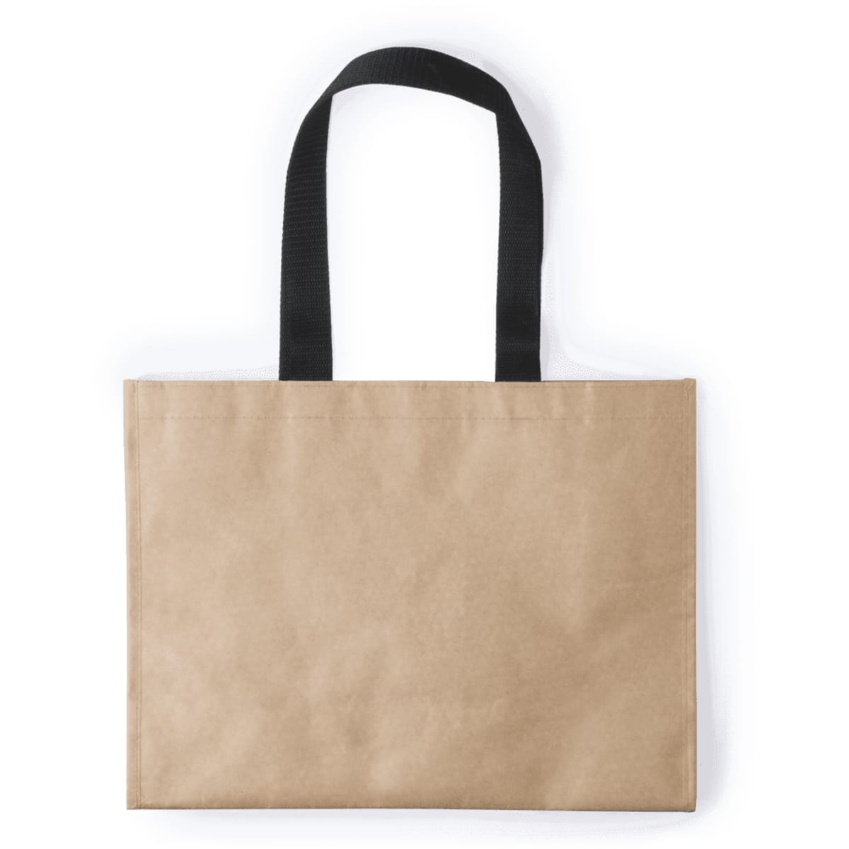 A reusable grocery bag in a natural brown colour with black handles. It features a simple design and a branding logo.
