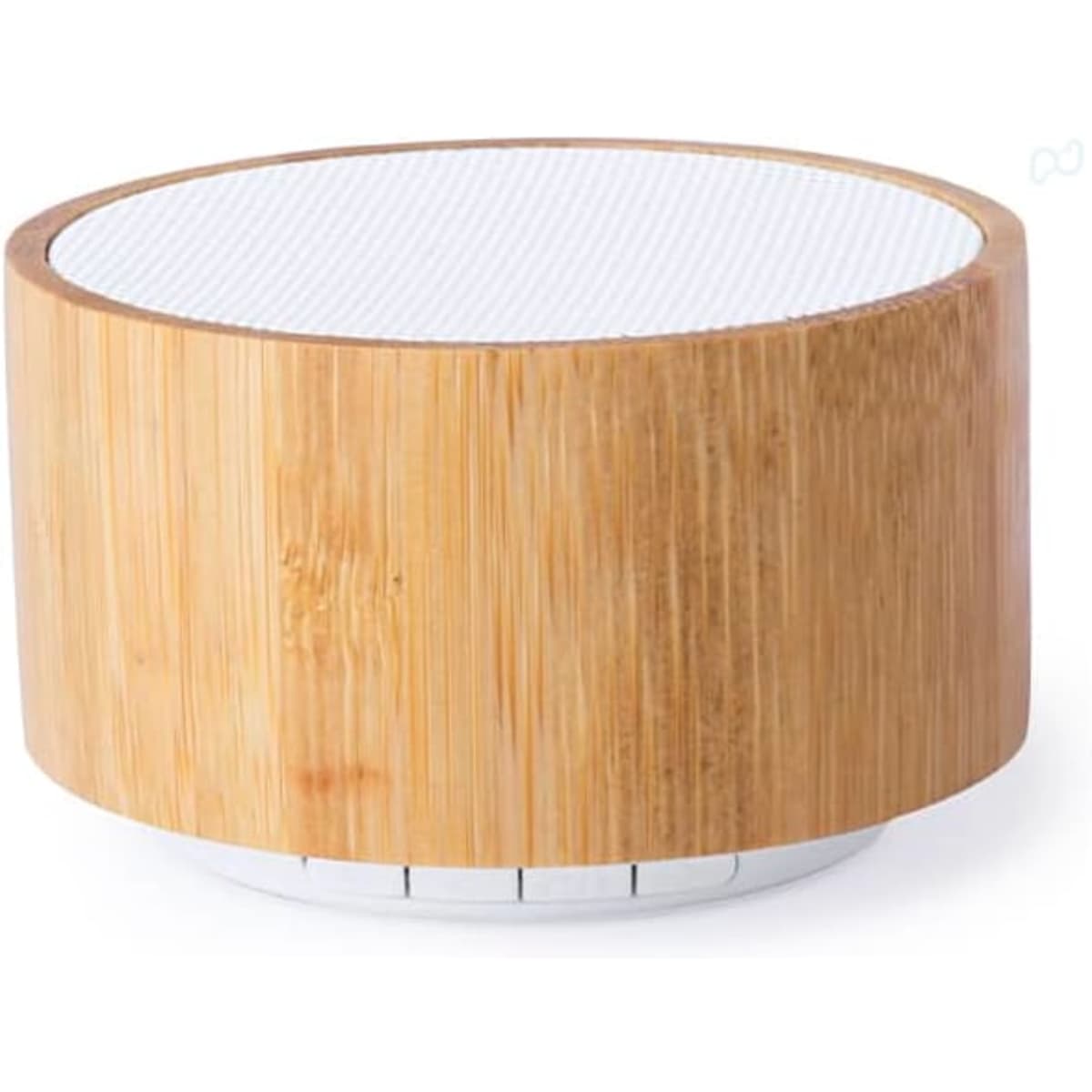 A round Bluetooth speaker with a natural bamboo wood finish and a white mesh top. It features a logo on the base.