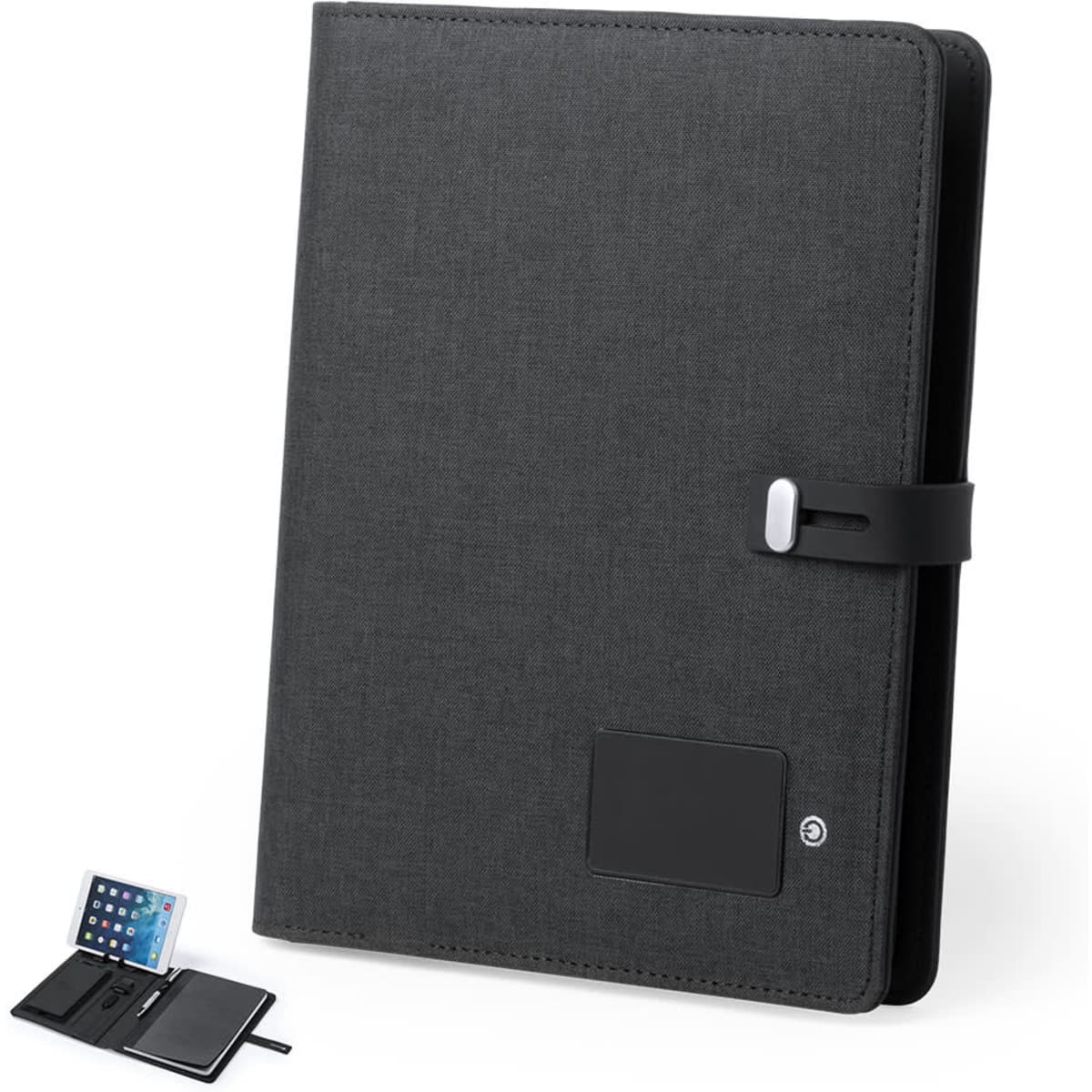 A black Weston Notebook featuring a textured cover, a strap closure, and an interior with a card holder and device slot.
