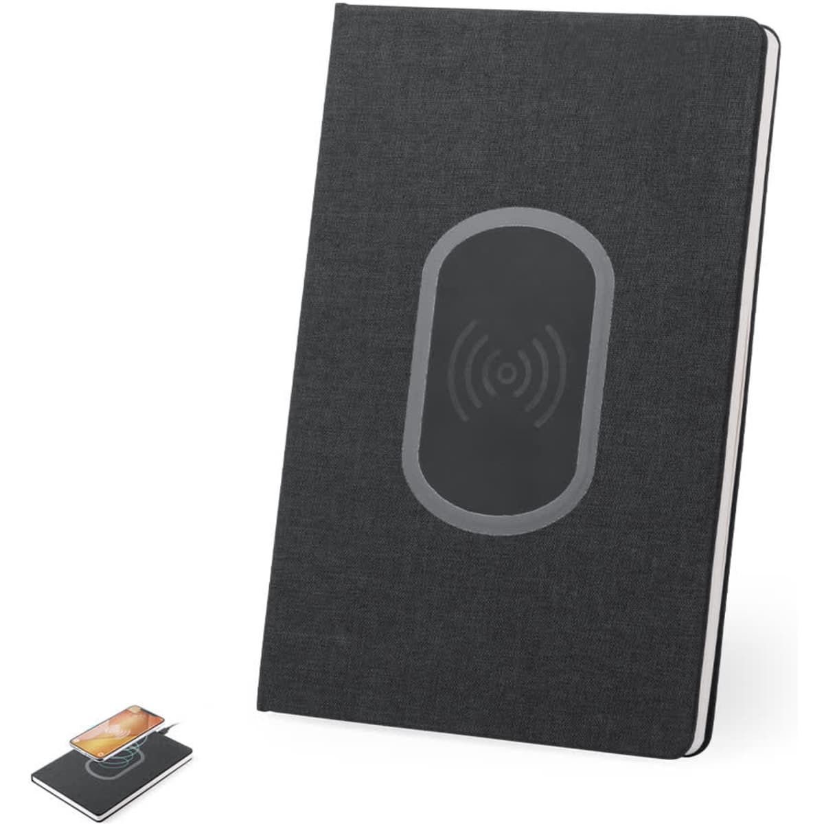 A black notepad with a wireless charging pad on the cover, featuring a logo. A small card is placed beside it.