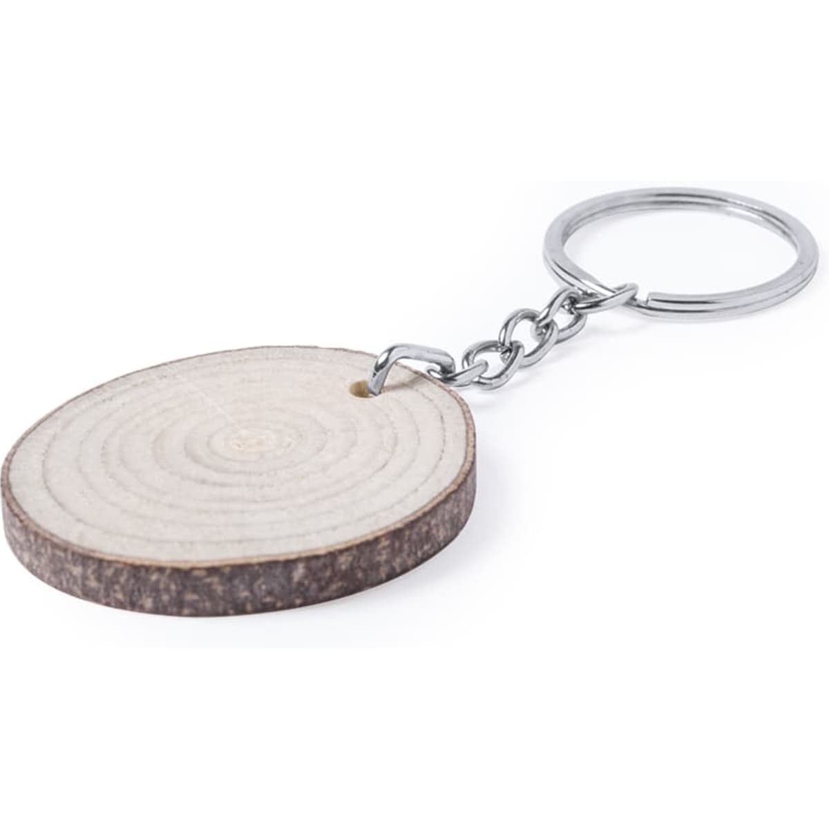 A circular wooden keyring with a natural wood finish and a metal chain attachment.