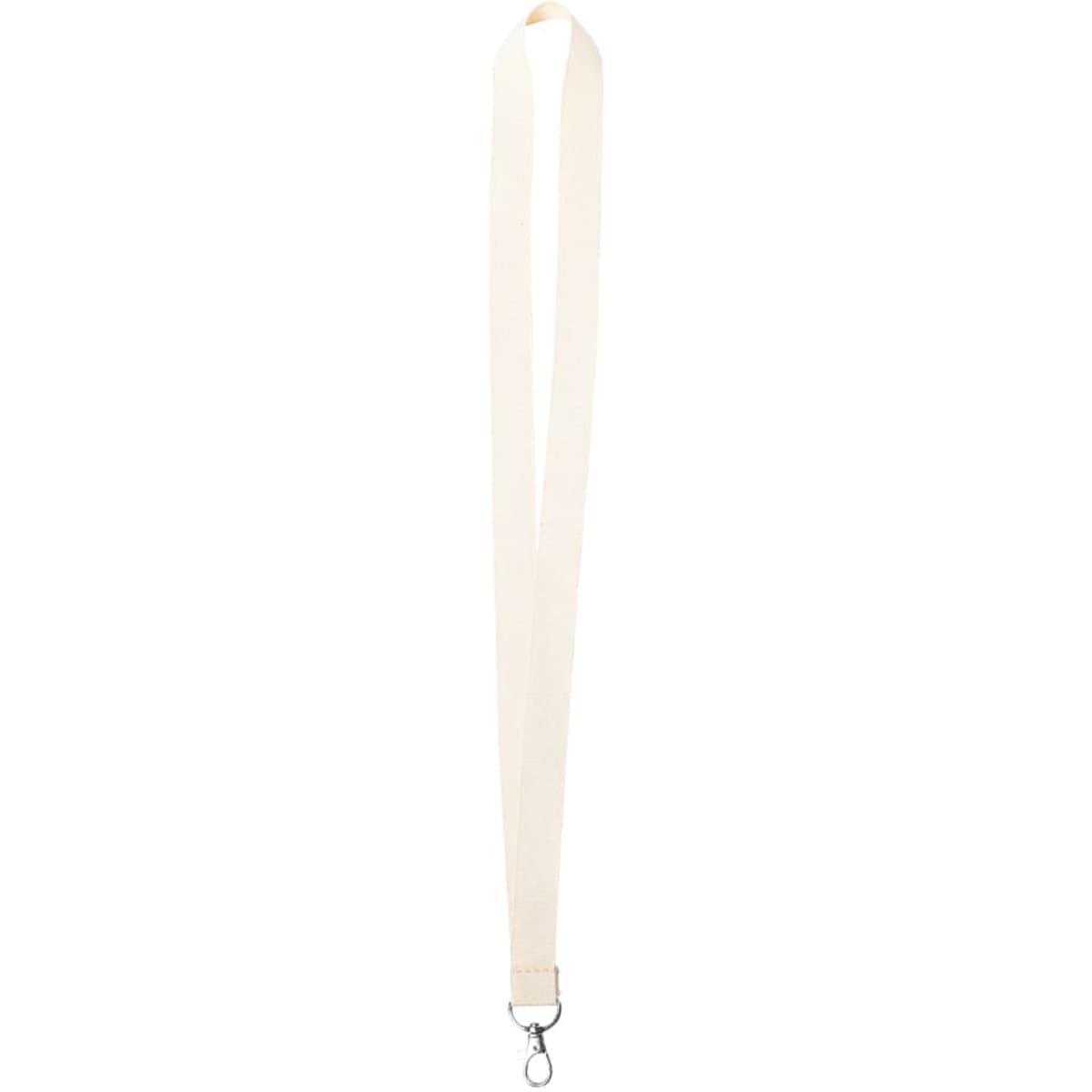 A beige lanyard with a metal clip for attaching items, featuring a simple design and no visible branding.