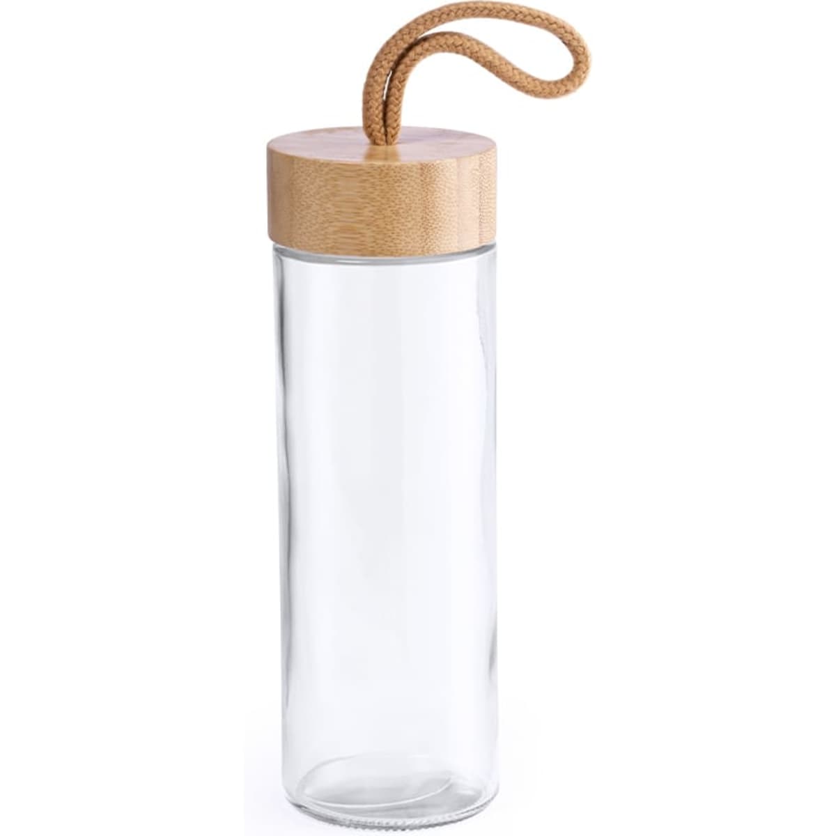 A drink bottle made of clear glass with a wooden lid and a rope handle.