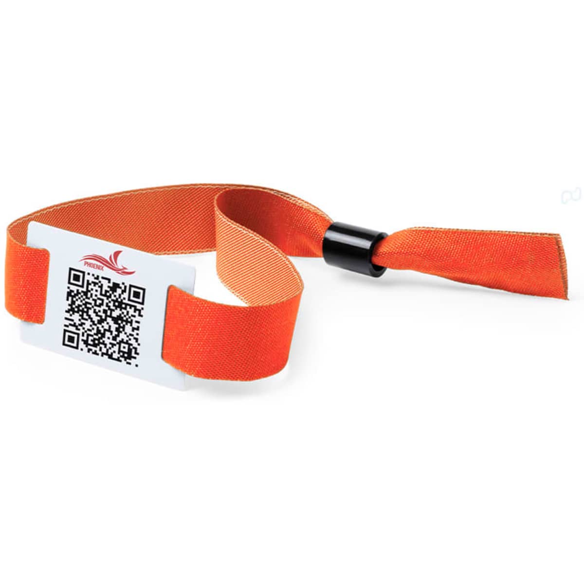 An orange fabric wristband featuring a QR code and a black clasp for fastening.