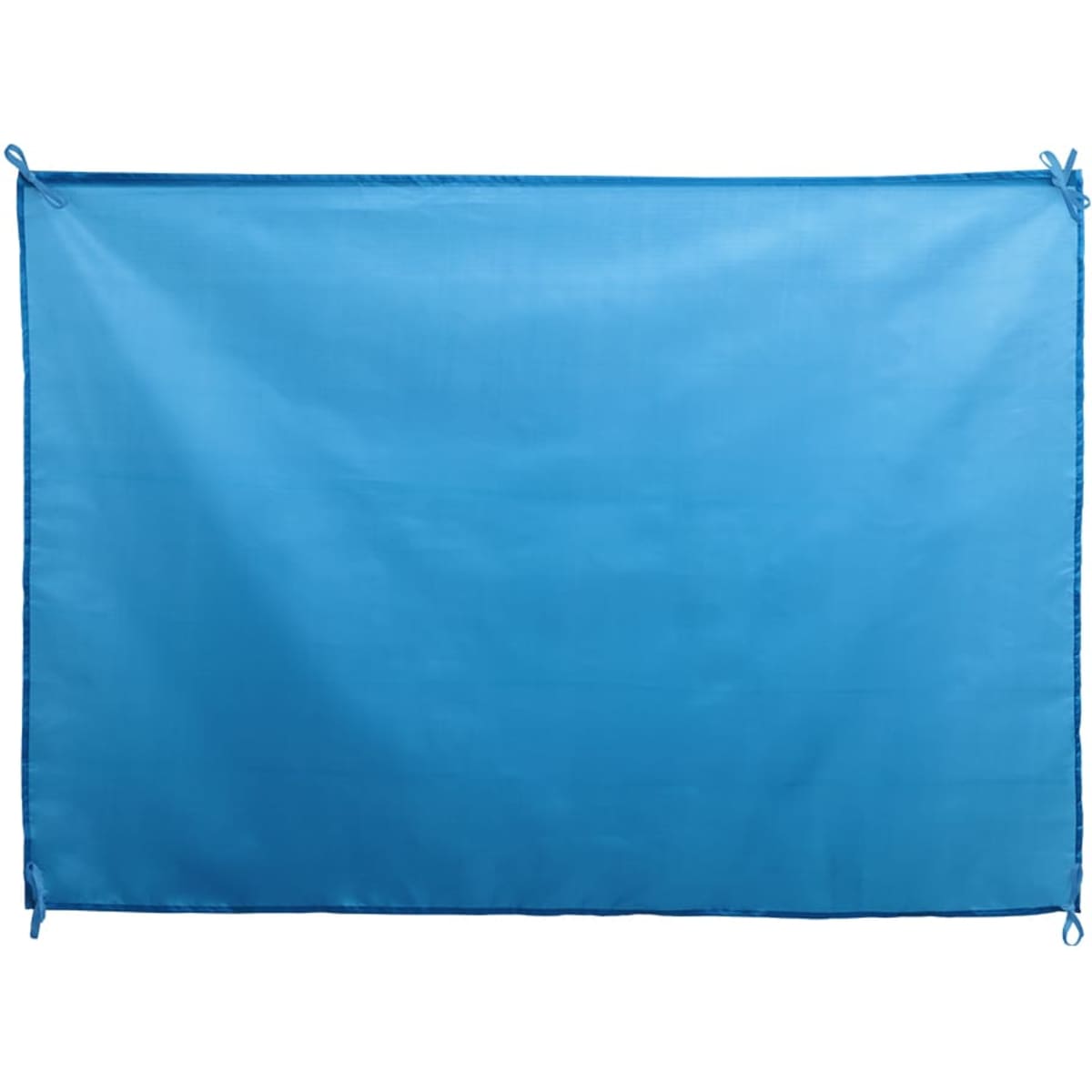 A blue exhibition flag with ties for securing, designed for events and displays. It has a simple, plain appearance.
