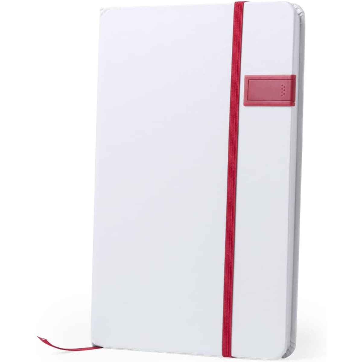 A white notebook with a red elastic band and a small red tab on the cover. It features a logo on the front.