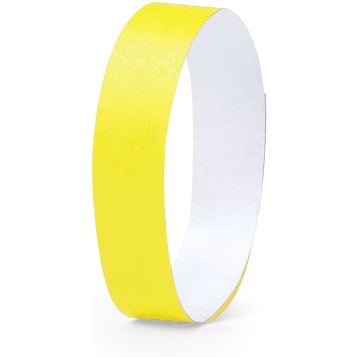 A yellow event wristband with a smooth finish and a blank white interior. Features a logo on one side.