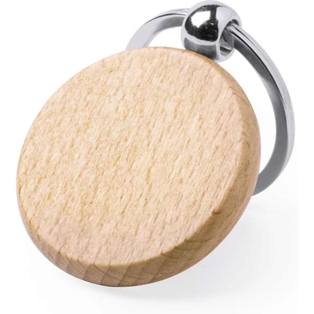 A wooden keyring with a smooth circular surface and a shiny metal attachment.