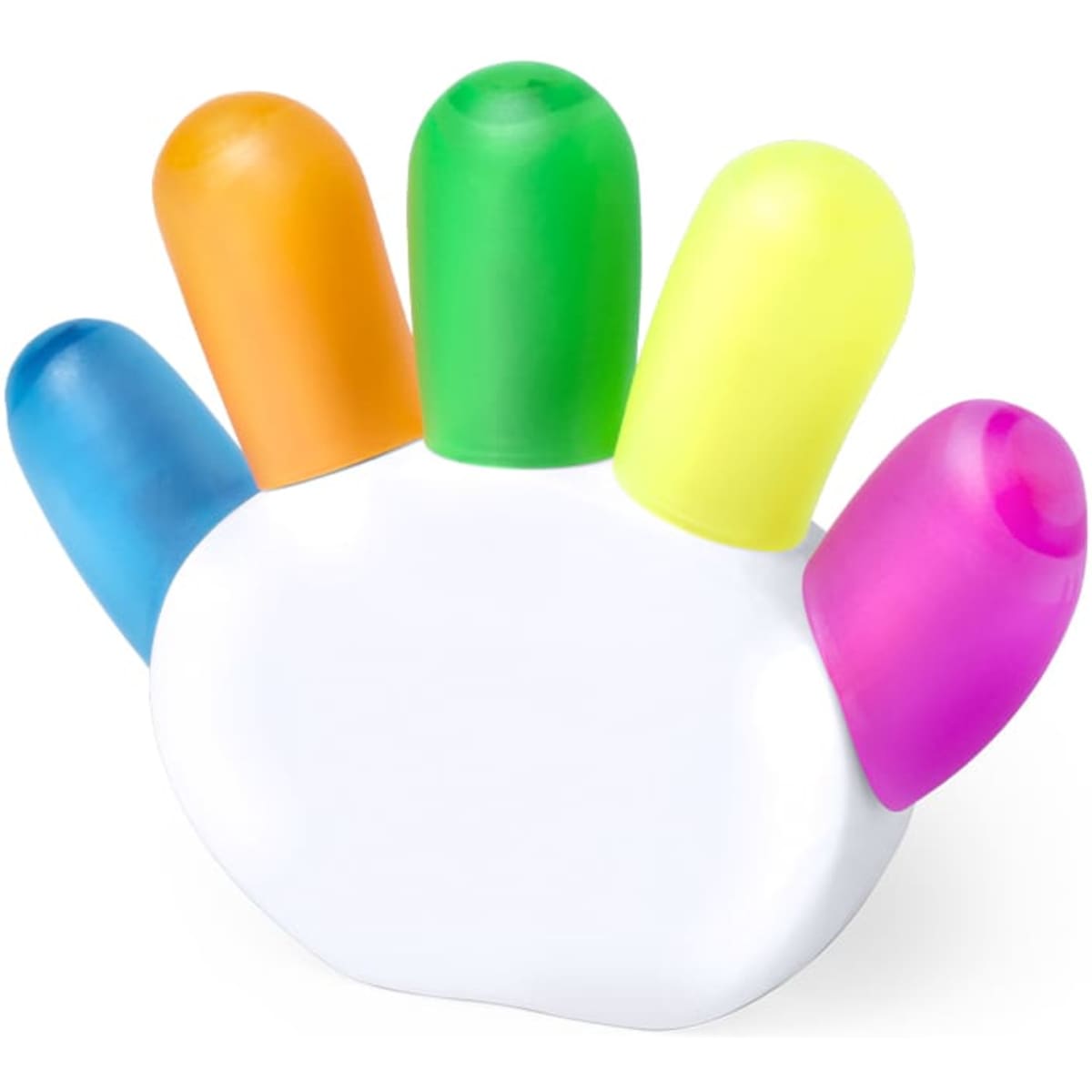 A hand-shaped marker set featuring five brightly coloured tips in blue, orange, green, yellow, and pink. It has a logo.