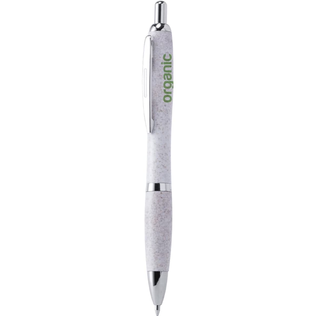 A white pen with a textured finish and a silver clip, featuring a green logo.