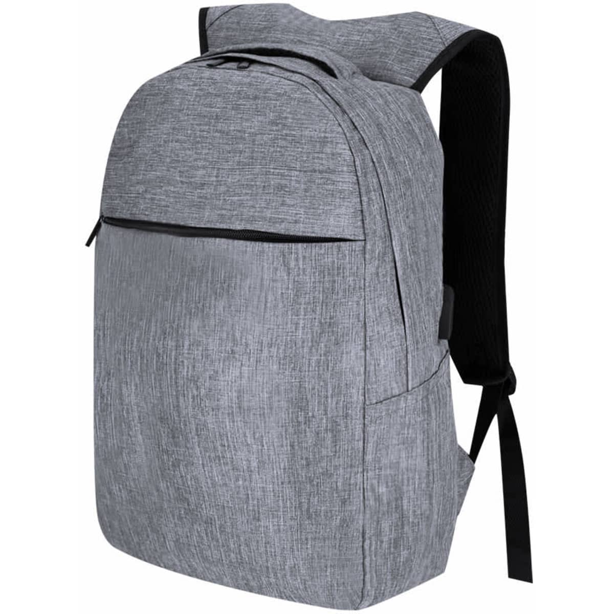 A grey Rigal backpack with a sleek design and black accents, featuring a front pocket and padded straps.