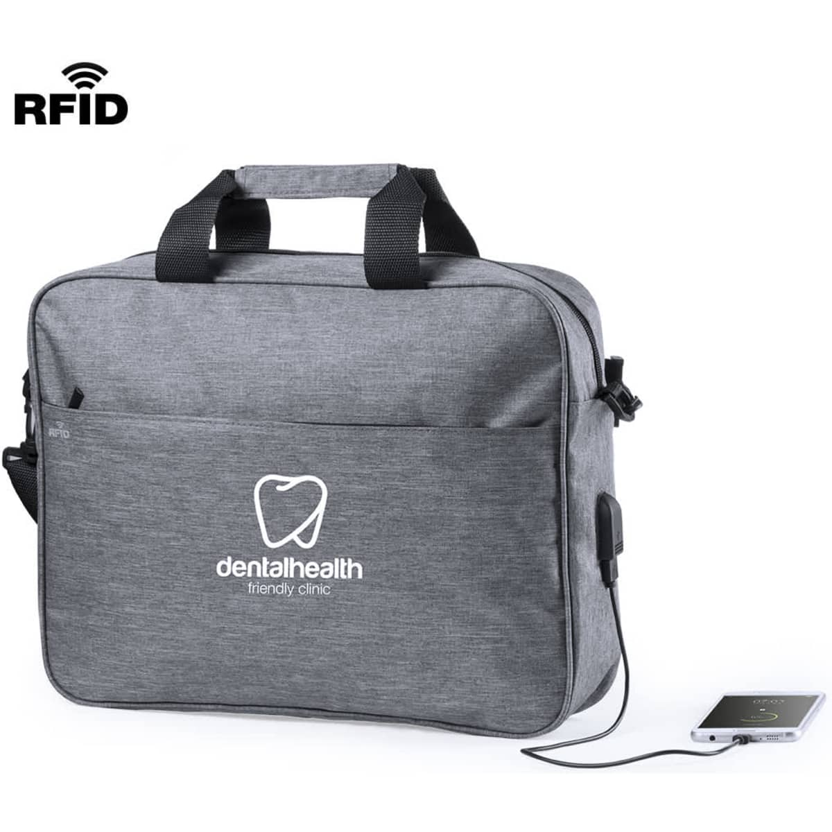 A grey laptop bag with handles, featuring a logo and a side pocket for charging a device.