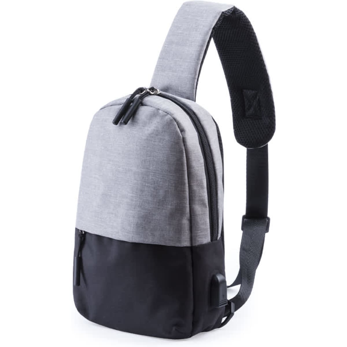 A grey and black shoulder bag featuring a single strap, two zippered compartments, and a logo.