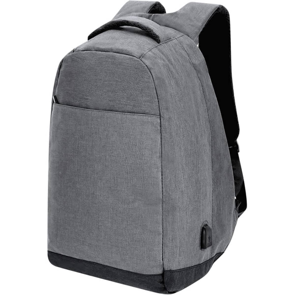 A grey backpack with a sleek design, featuring shoulder straps and a side pocket, includes a logo.
