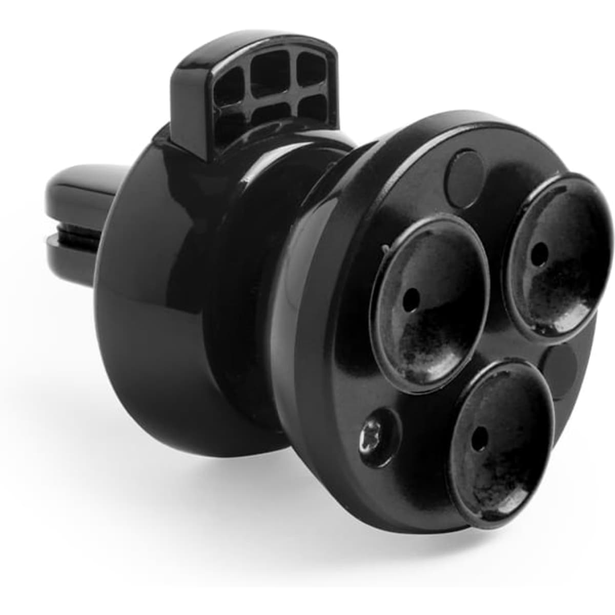 A black car phone holder featuring three circular slots for secure placement of devices. It has a branding logo.