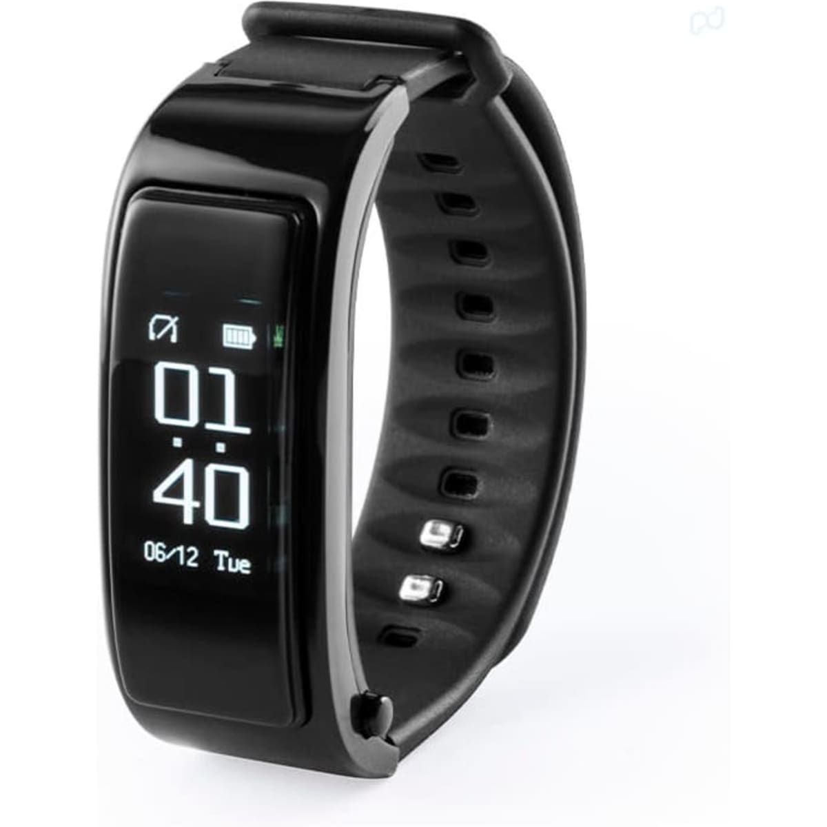 A black fitness tracker with a digital display showing time and battery life. It features a rubber strap and sleek design.
