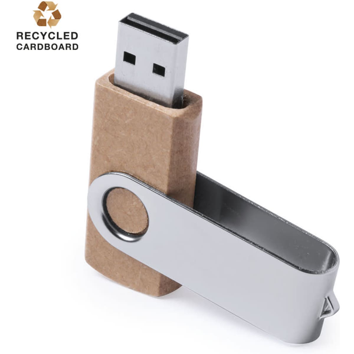 A silver USB memory drive with a recycled cardboard casing, featuring a swivel cover and a circular loop.