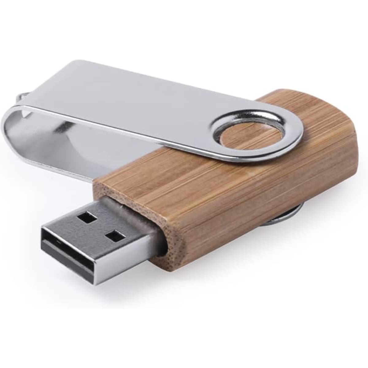 A USB drive featuring a bamboo body and a metallic swivel cap, showcasing a sleek and eco-friendly design.