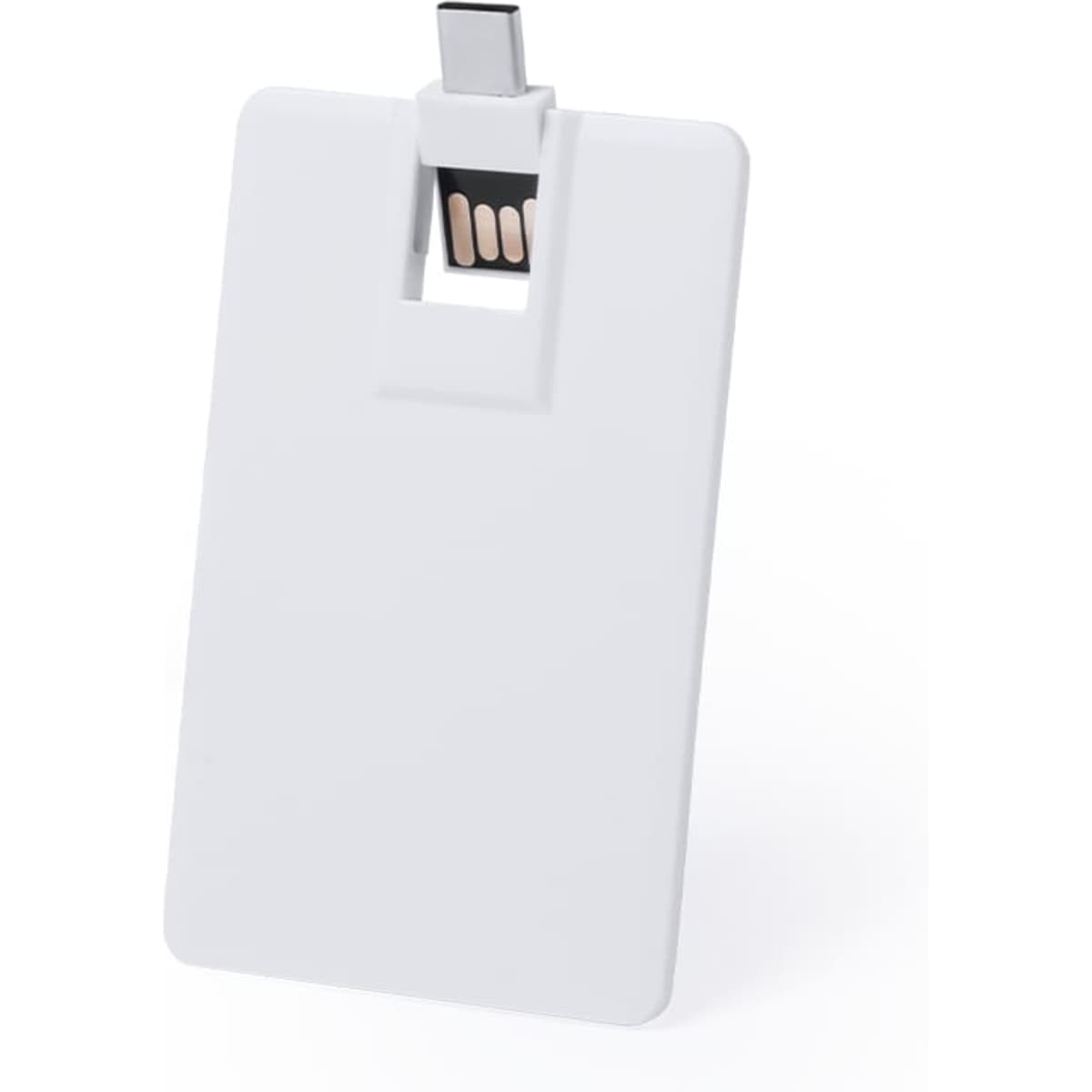 A white USB drive in the shape of a card with a connector visible at the top. It features a logo.
