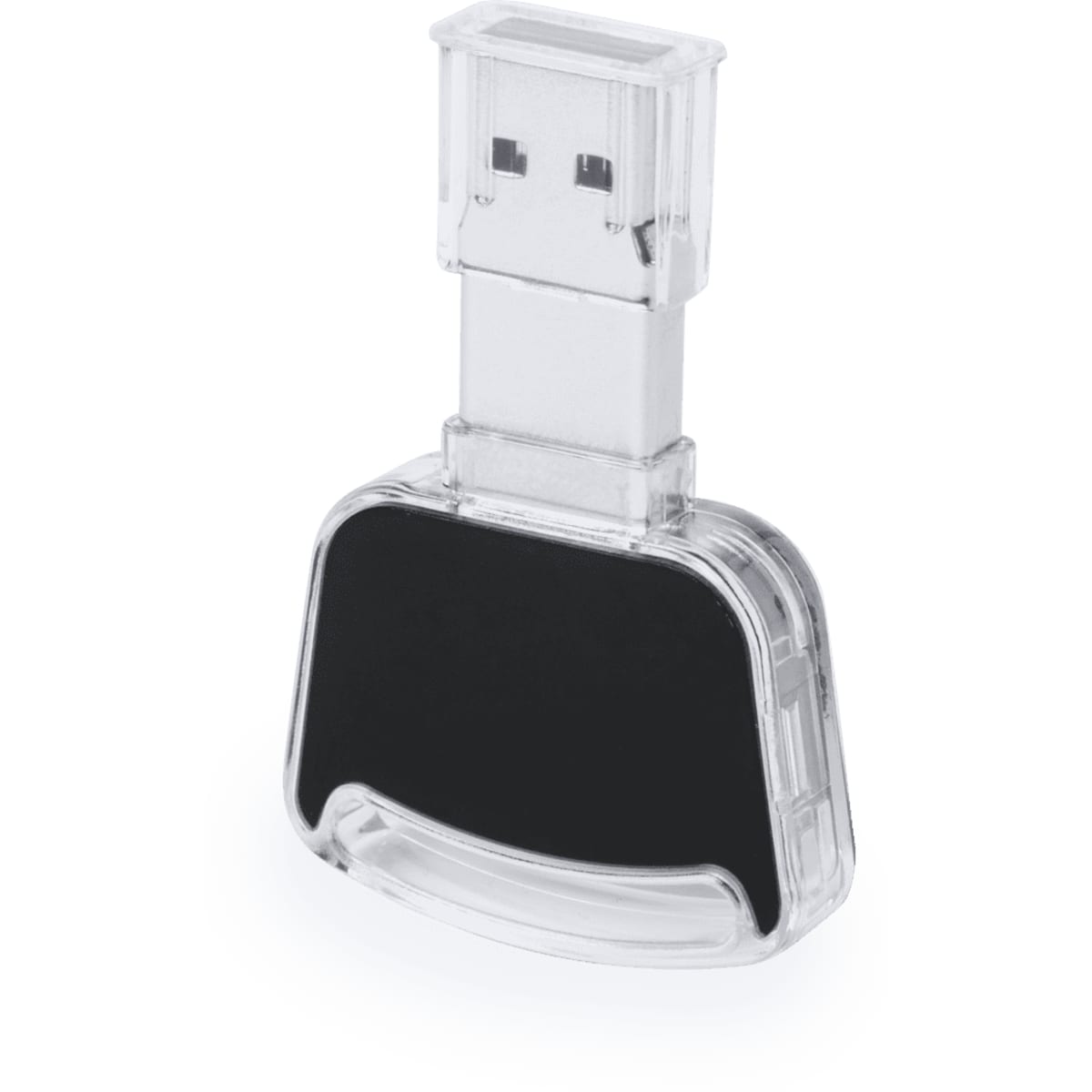 A black and clear USB memory drive with a retractable connector. It features a logo on the body.