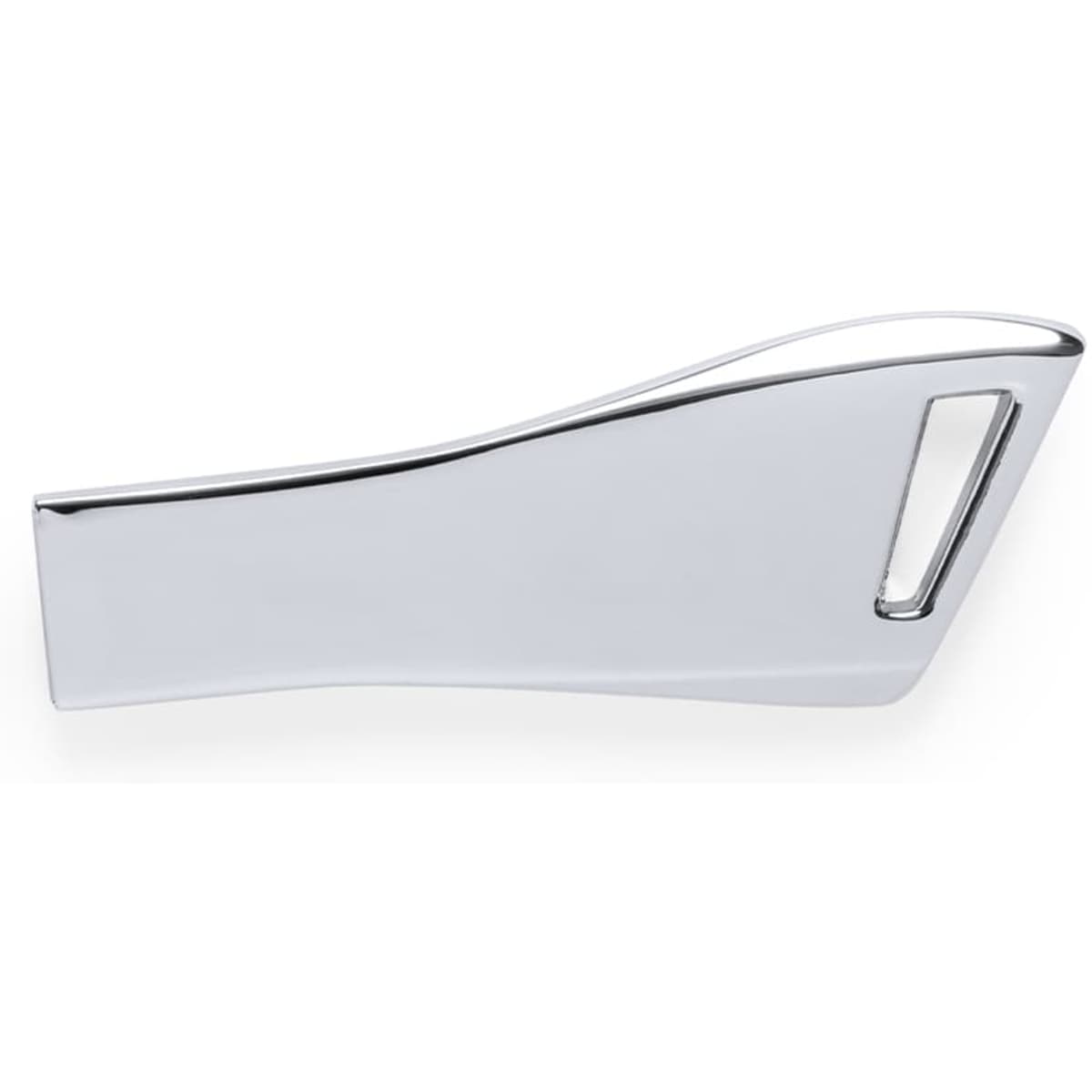 A sleek, silver USB drive with a stylish design, featuring a logo on its surface.