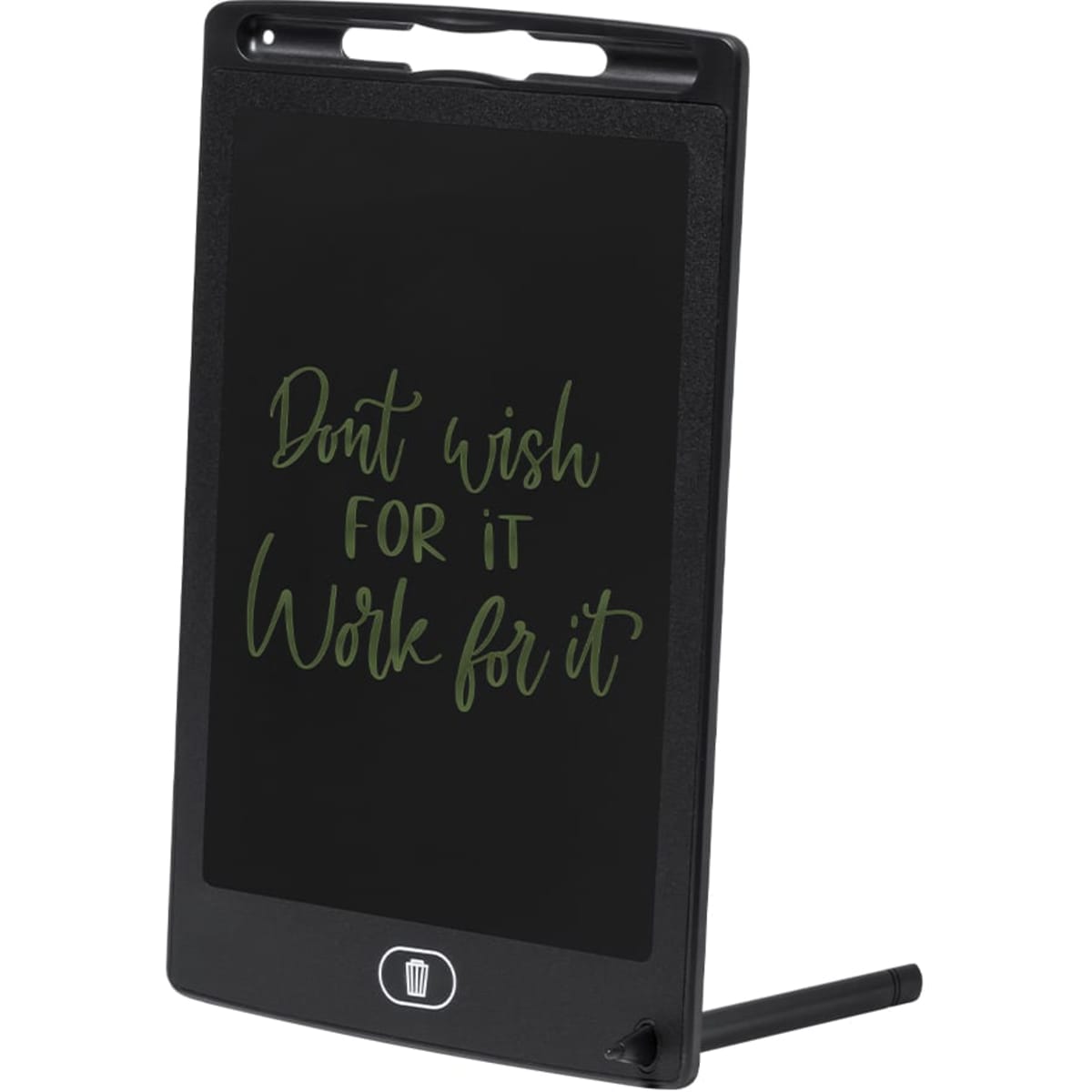 A black writing tablet with a stand and a stylus. It features a motivational phrase on the screen.