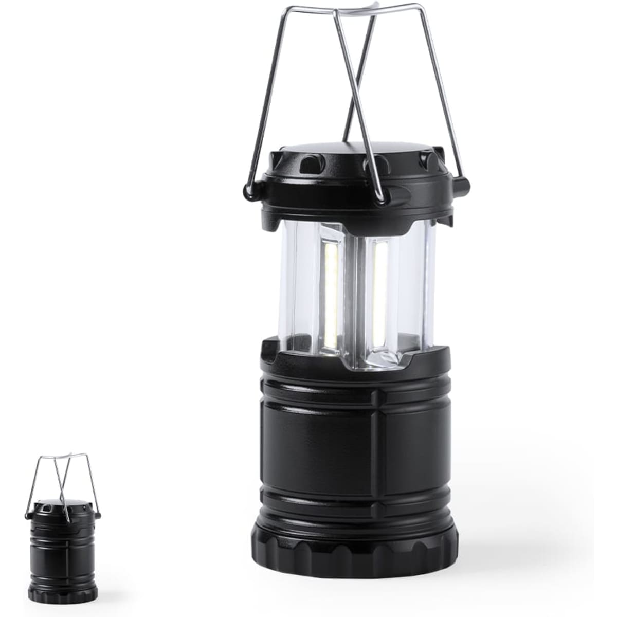 A portable black lantern with a transparent casing and a handle for hanging. Suitable for outdoor use.