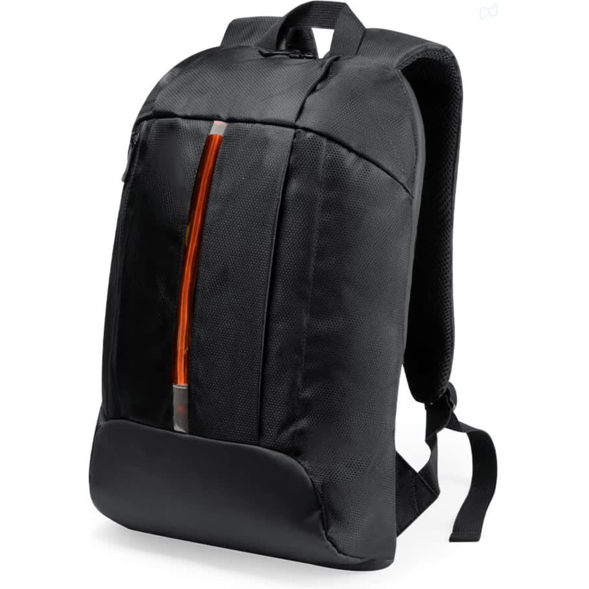 A black backpack with a sleek design and an orange vertical stripe, featuring a logo on the front.
