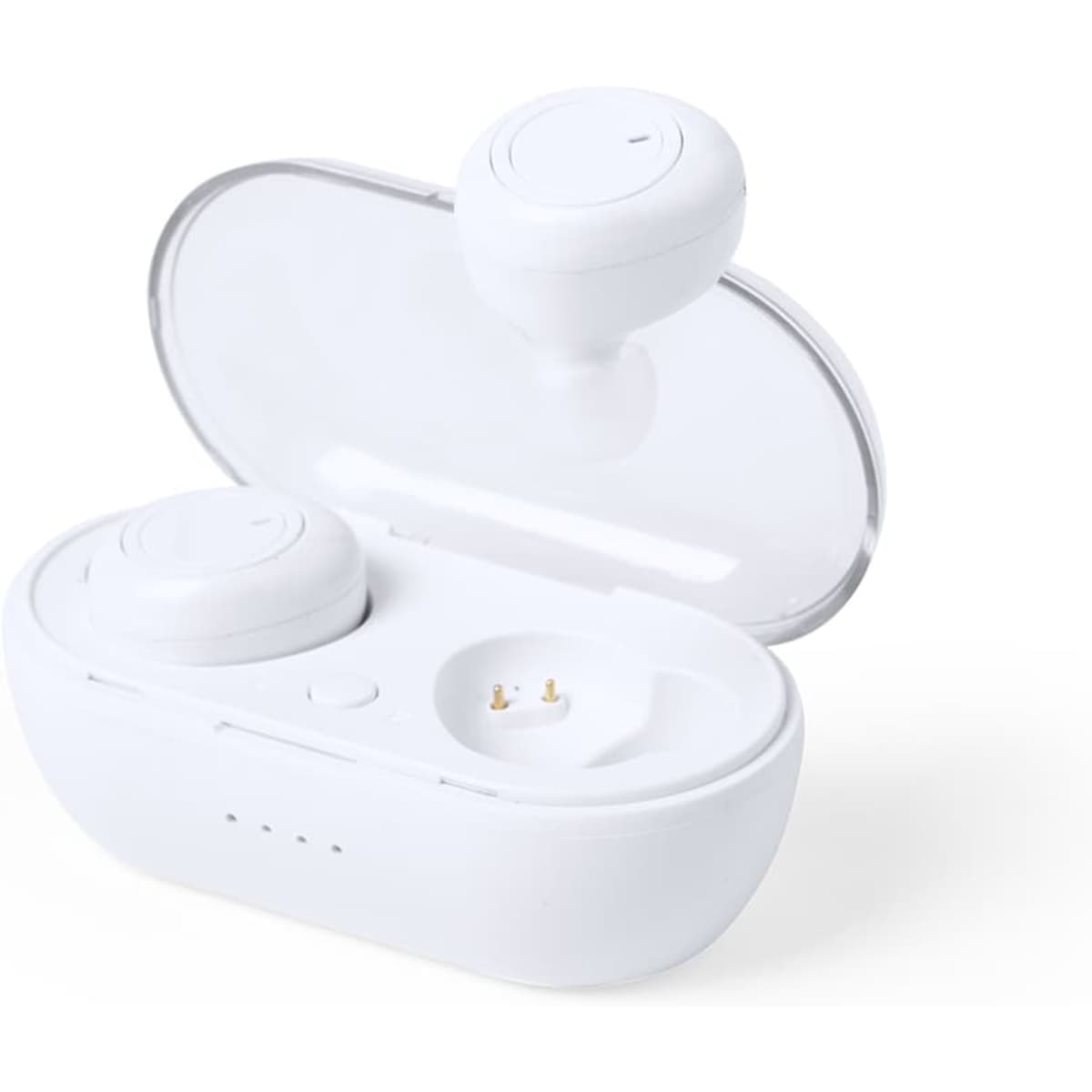 White wireless earbuds in a case, with a transparent lid and a charging port visible. This product includes a logo.