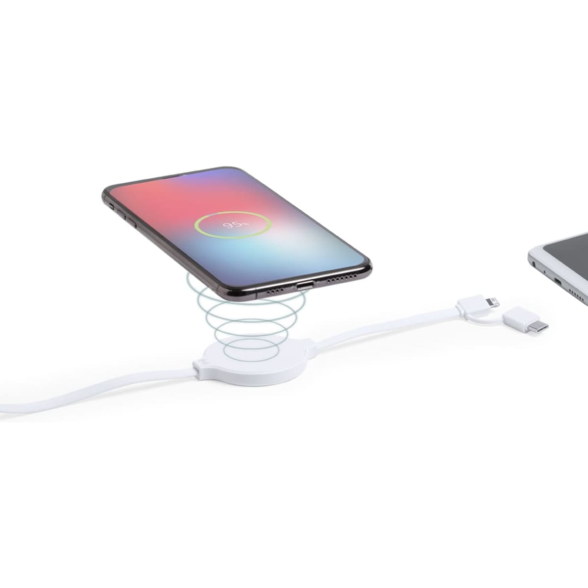 A wireless charger in white, featuring a spiral design, with a smartphone positioned above it.